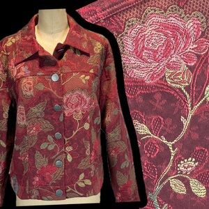 VINTAGE woven tapestry jacquard‎ brocade jacket button up floral Victorian rose